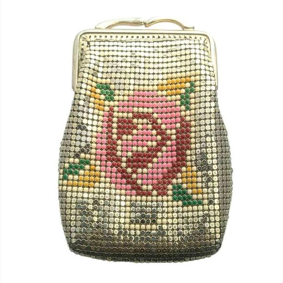 DISCOLEMONADE Vintage Festival Rose Enamel Gold Mesh Purse Clutch Large Coin Bag - Picture 1 of 2